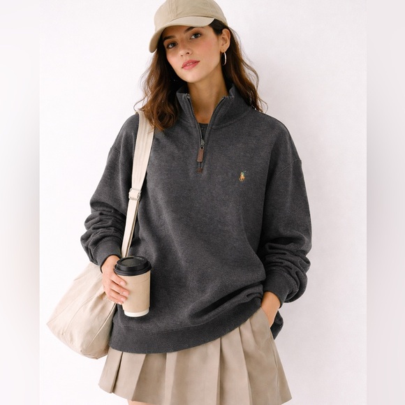 Ralph Lauren Tops - Ralph Lauren Dark Grey Quarter Zip Sweater with Logo
